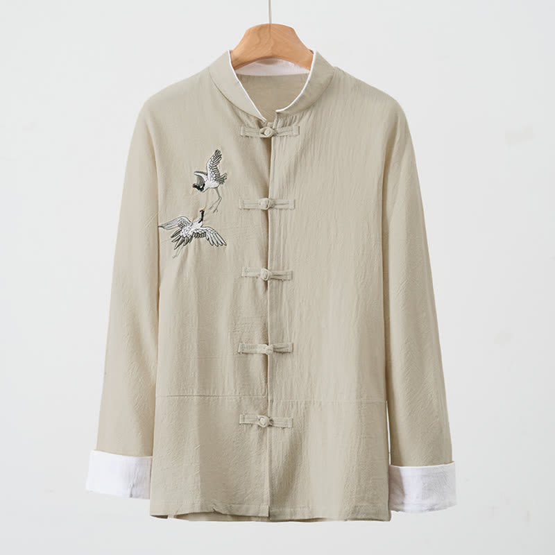 Buddha Stones Spring Fall Vintage Tang Style Frog Button Crane Embroidery Men's Long Sleeve Shirts - image 23