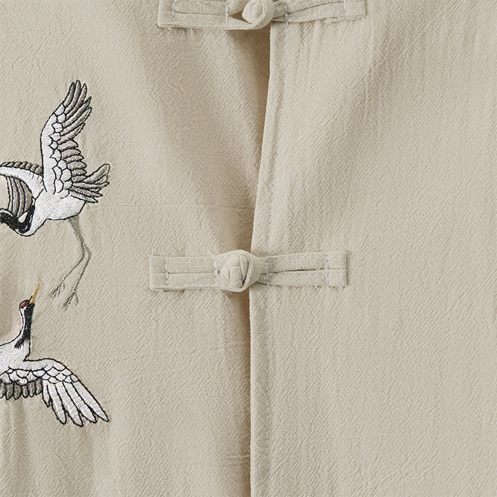 Buddha Stones Spring Fall Vintage Tang Style Frog Button Crane Embroidery Men's Long Sleeve Shirts - image 25