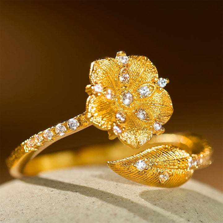 Buddha Stones Golden Camellia Blossom Alloy Open Ring - image 2