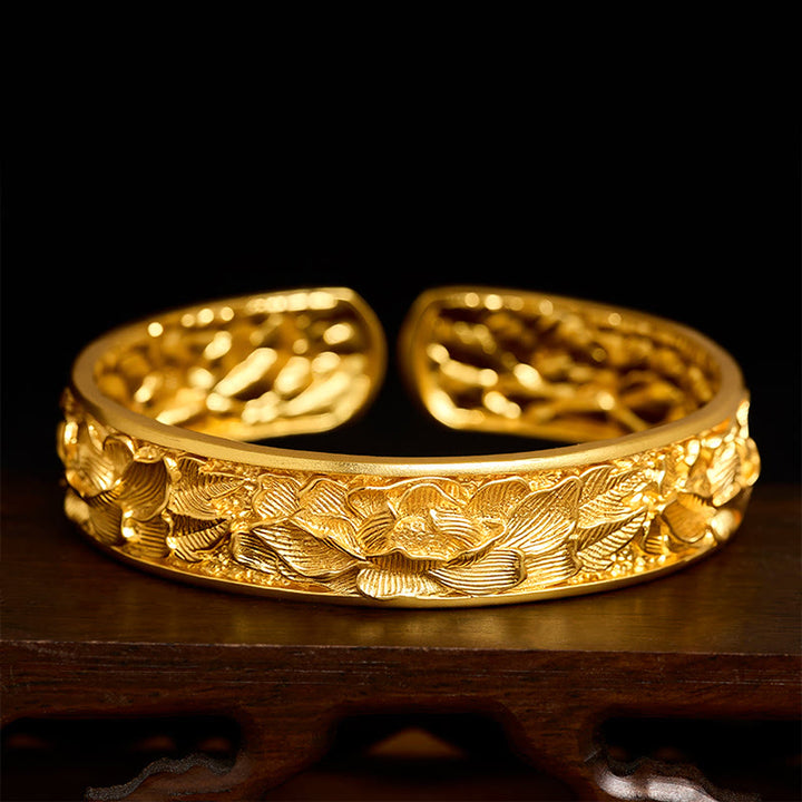 Buddha Stones Gold Plated Copper Engraved Peony Energy Open Cuff Bracelet - Approx. 56-62mm - image 0