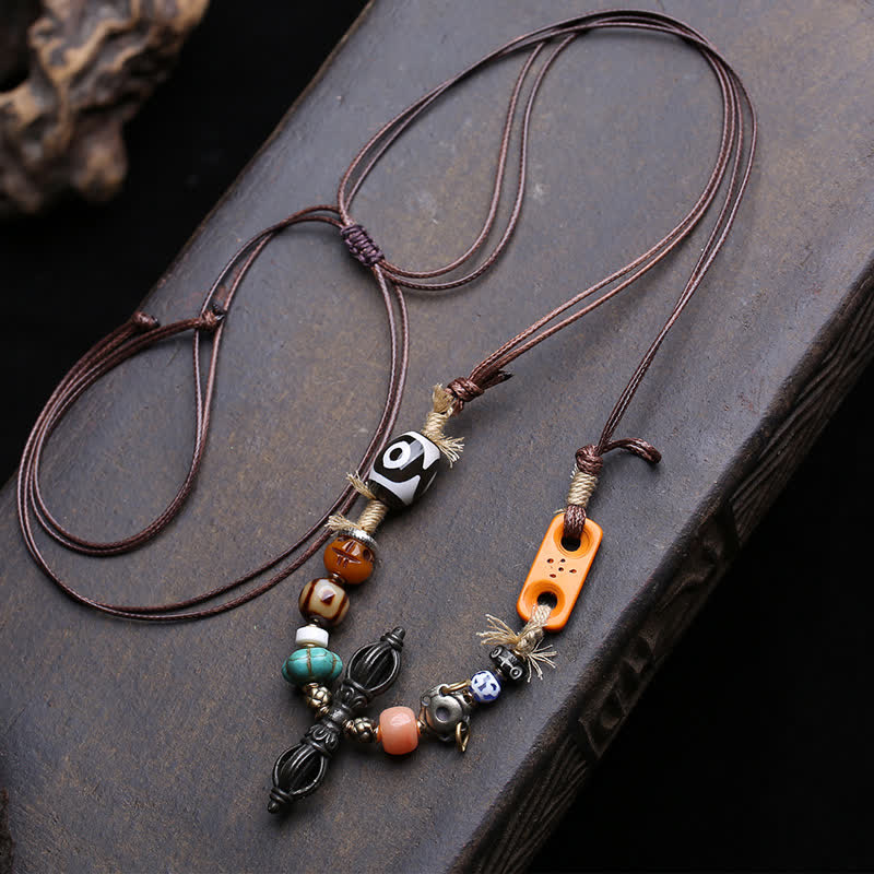 Buddha Stones Tibetan Three-Eye Dzi Bead Vajra Luck Necklace - Approx. 46 × 10 mm - image 0