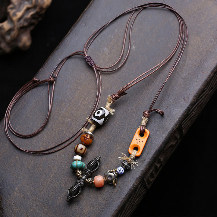 Buddha Stones Tibetan Three-Eye Dzi Bead Vajra Luck Necklace - Approx. 46 × 10 mm - image 0