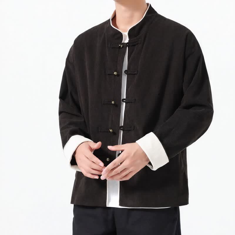 Buddha Stones Fall Winter Casual Tang Style Frog Button Solid Corduroy Men's Jackets With Pocket - image 12