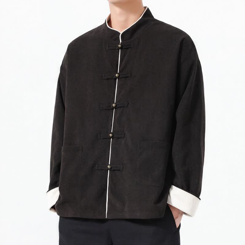 Buddha Stones Fall Winter Casual Tang Style Frog Button Solid Corduroy Men's Jackets With Pocket - image 11