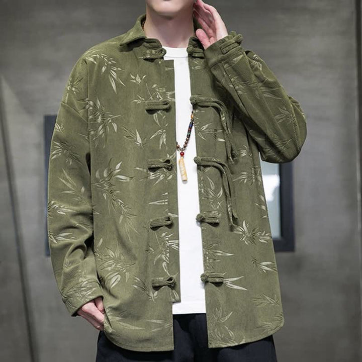Buddha Stones Fall Winter Casual Tang Style Frog Button Floral Corduroy Men's Long Sleeve Shirts With Pocket - image 1