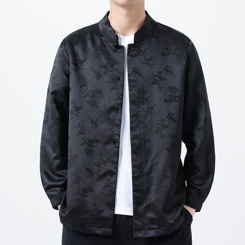 Buddha Stones Fall Winter Tang Style Elegant Mandarin Collar Floral Men's Long Sleeve Shirts With Pocket - Black - US/UK/AU46，EU56 (5XL) - image 0