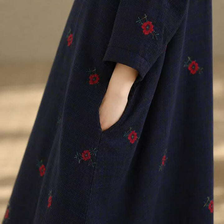 Buddha Stones Spring Fall Tang Style Vintage Mandarin Collar Floral Women's Long Sleeve Dresses With Pockets - image 7