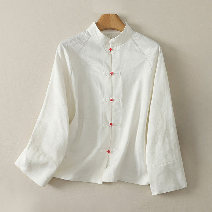 Buddha Stones Spring Fall Tang Style Vintage Frog Button Solid Women's Long Sleeve Shirts - Ivory - US14, UK/AU18, EU46 (2XL) - image 0