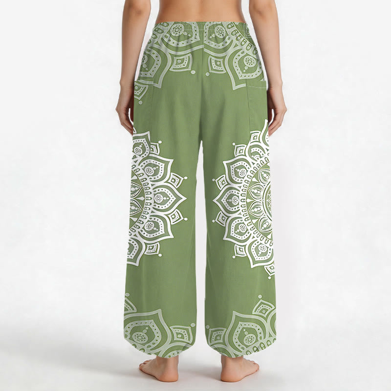Buddha Stones Cotton Boho White Mandala Pattern Women's Elastic Waist Harem Pants With Side Pockets - image 9