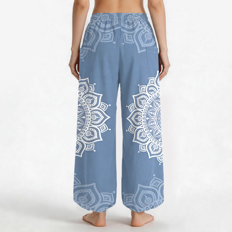 Buddha Stones Cotton Boho White Mandala Pattern Women's Elastic Waist Harem Pants With Side Pockets - image 12