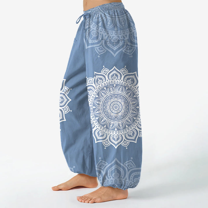Buddha Stones Cotton Boho White Mandala Pattern Women's Elastic Waist Harem Pants With Side Pockets - image 11