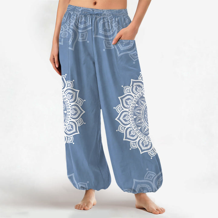 Buddha Stones Cotton Boho White Mandala Pattern Women's Elastic Waist Harem Pants With Side Pockets - LightSteelBlue - US16，UK/AU20，EU48 (3XL) - image 10