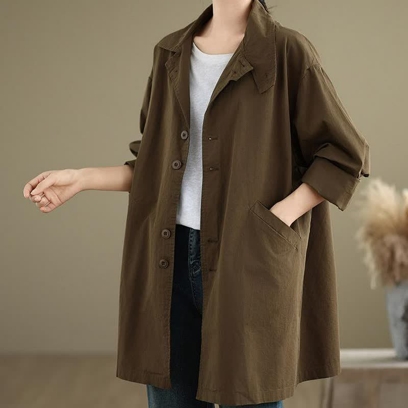 Buddha Stones Spring Fall Casual Minimalist Button-Up Lapel Collar Solid Women's Jacket With Pockets - image 2