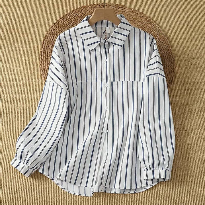 Buddha Stones Spring Casual Minimalist Button-Up Vertical Striped Women's Long Sleeve Shirts - White - US12, UK/AU16, EU44 (2XL) - image 4