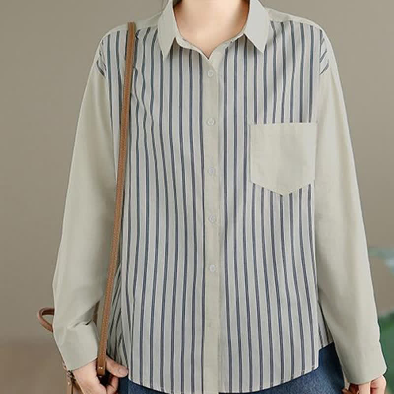 Buddha Stones Spring Casual Minimalist Button-Up Striped Patchwork Women's Long Sleeve Shirts With Patch Pocket - image 7