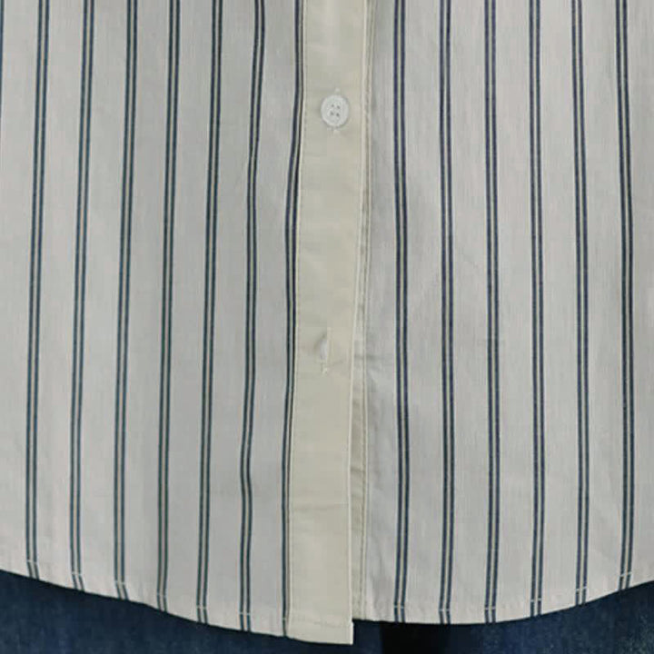 Buddha Stones Spring Casual Minimalist Button-Up Striped Patchwork Women's Long Sleeve Shirts With Patch Pocket - image 13