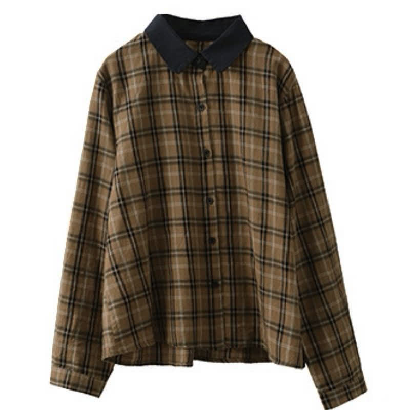 Buddha Stones Fall Casual Vintage Button-Up Contrast Collar Plaid Women's Long Sleeve Shirts - image 2