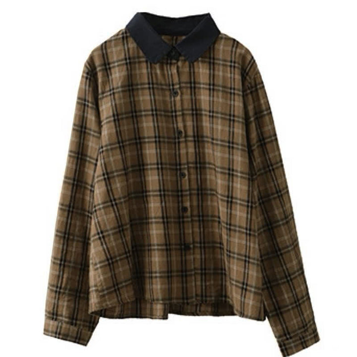 Buddha Stones Fall Casual Vintage Button-Up Contrast Collar Plaid Women's Long Sleeve Shirts - image 2
