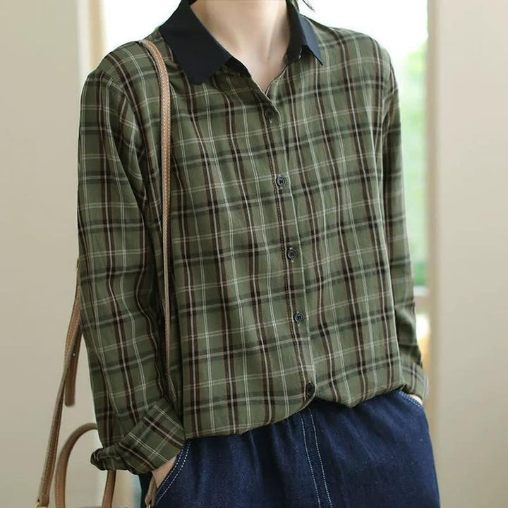 Buddha Stones Fall Casual Vintage Button-Up Contrast Collar Plaid Women's Long Sleeve Shirts - OliveDrab - US8-10, UK/AU12-14, EU40-42 (2XL) - image 8
