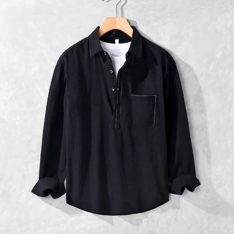 Buddha Stones Spring Fall Casual Button-Up Solid Cotton Men's Long Sleeve Shirts With Patch Pocket - Black - US/UK/AU42, EU52 (3XL) - image 19