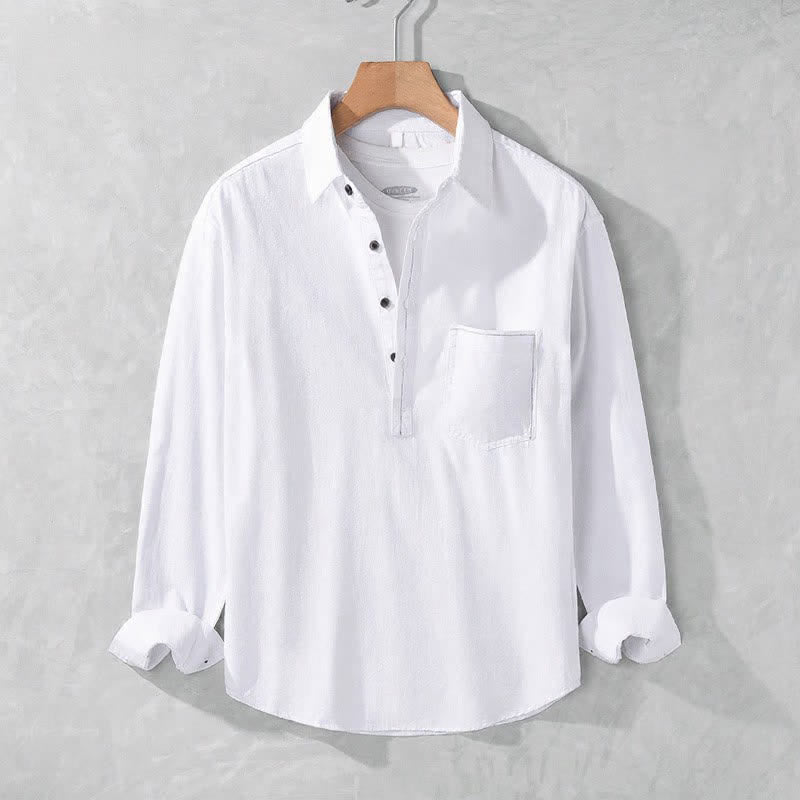 Buddha Stones Spring Fall Casual Button-Up Solid Cotton Men's Long Sleeve Shirts With Patch Pocket - White - US/UK/AU42, EU52 (3XL) - image 29