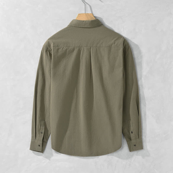 Buddha Stones Spring Fall Casual Button-Up Solid Cotton Men's Long Sleeve Shirts With Patch Pocket - image 1