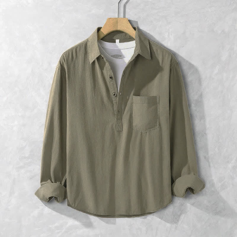 Buddha Stones Spring Fall Casual Button-Up Solid Cotton Men's Long Sleeve Shirts With Patch Pocket - image 4