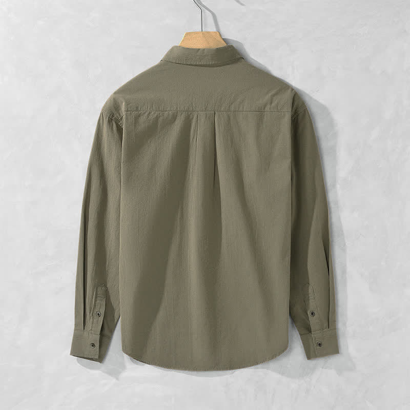Buddha Stones Spring Fall Casual Button-Up Solid Cotton Men's Long Sleeve Shirts With Patch Pocket - image 5