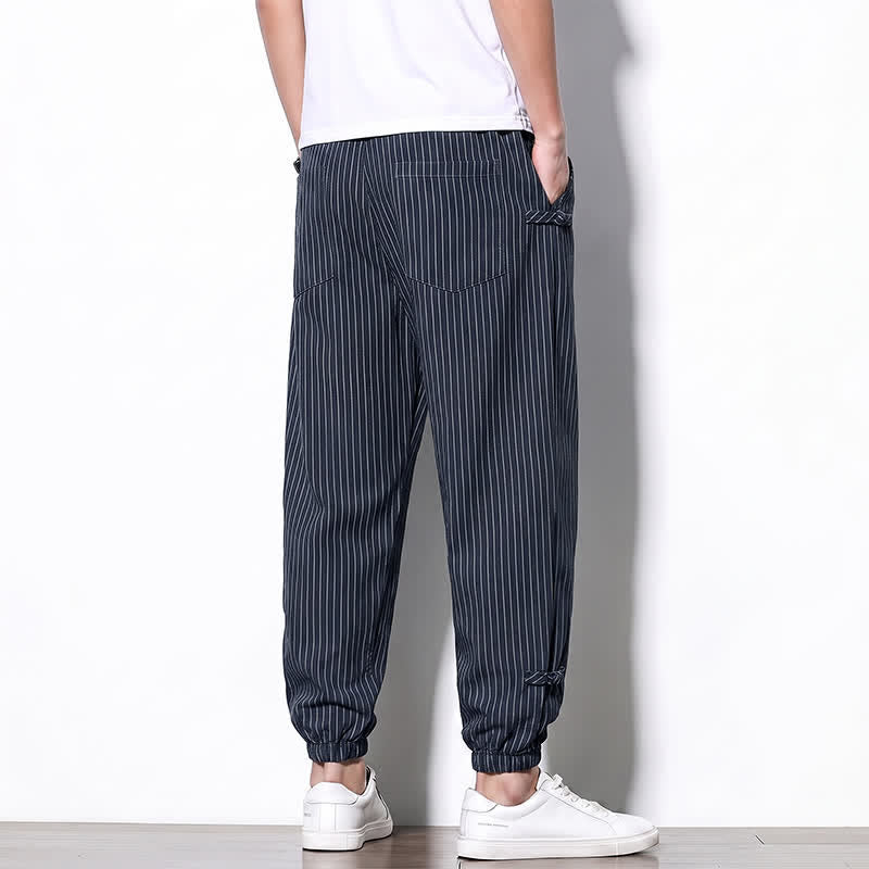 Buddha Stones Spring Summer Basic Drawstring Striped Cropped Pants Men's Tapered Pants With Pockets - image 2
