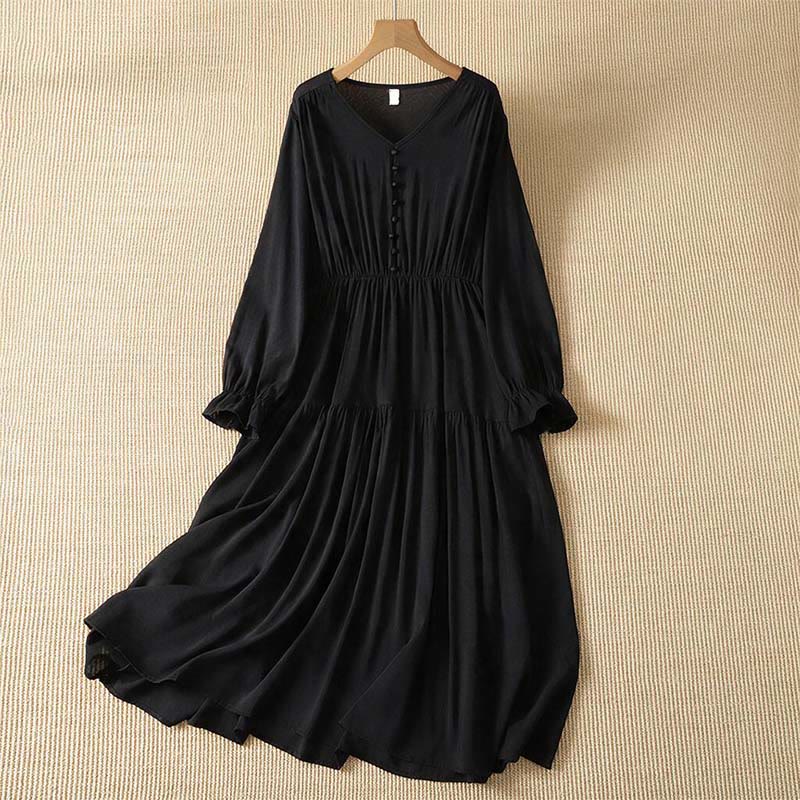 Buddha Stones Spring Boho Button-Up Solid Women's Long Sleeve Dress With Pocket - Black - US8-10, UK/AU12-14, EU40-42 (2XL) - image 7