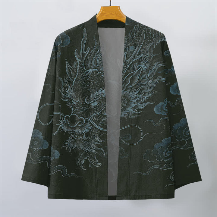 Buddha Stones Cotton Ancient Dragon Mist Pattern Open Front Men's Kimono - image 7