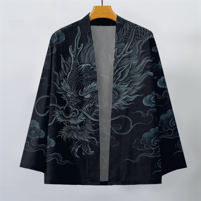 Buddha Stones Cotton Ancient Dragon Mist Pattern Open Front Men's Kimono - image 10