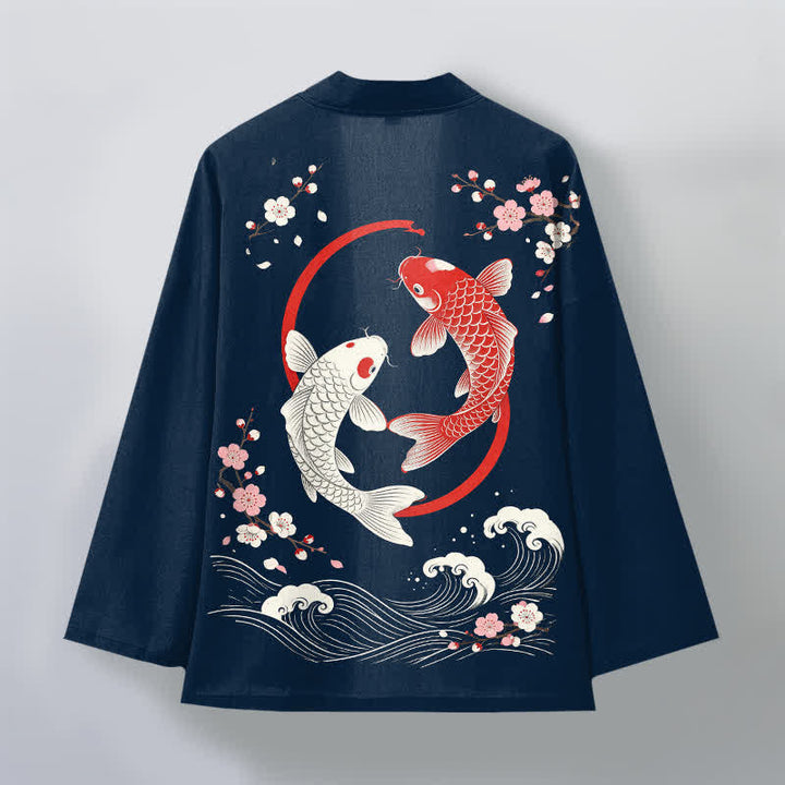 Buddha Stones Cotton Twin Koi Sakura Waves Pattern Open Front Men's Kimono - image 2