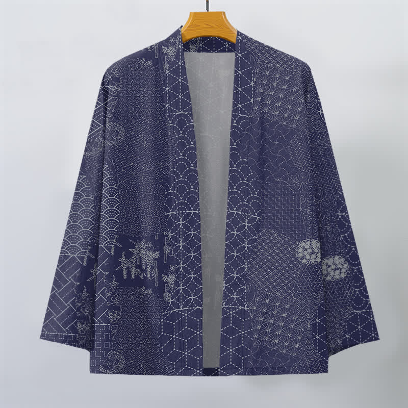 Buddha Stones Cotton Seigaiha Asanoha Pattern Open Front Men's Kimono - image 10