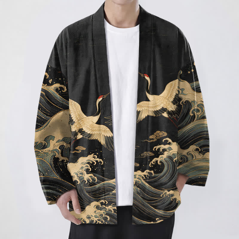 Buddha Stones Cotton Golden Crane Rolling Waves Pattern Open Front Men's Kimono - Black - US/UK/AU48，EU58 (4XL) - image 0