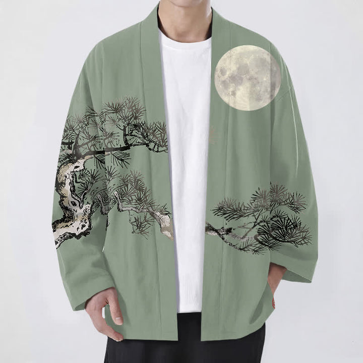 Buddha Stones Cotton Full Moon Pine Tree Pattern Open Front Men's Kimono - DarkSeaGreen - US/UK/AU48，EU58 (4XL) - image 9