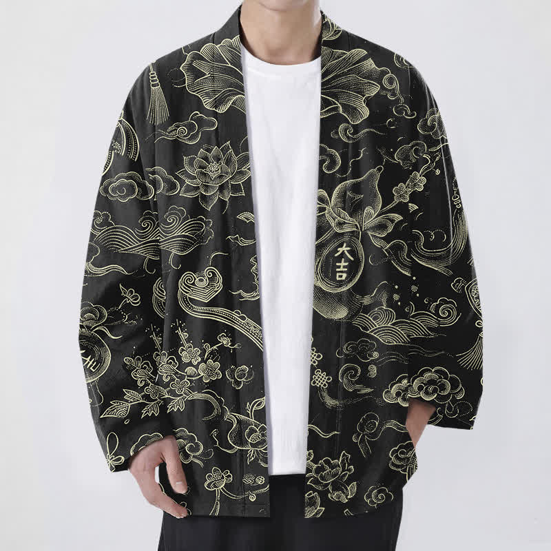 Buddha Stones Cotton Lotus Cloud Linework Pattern Open Front Men's Kimono - Black - US/UK/AU48，EU58 (4XL) - image 0