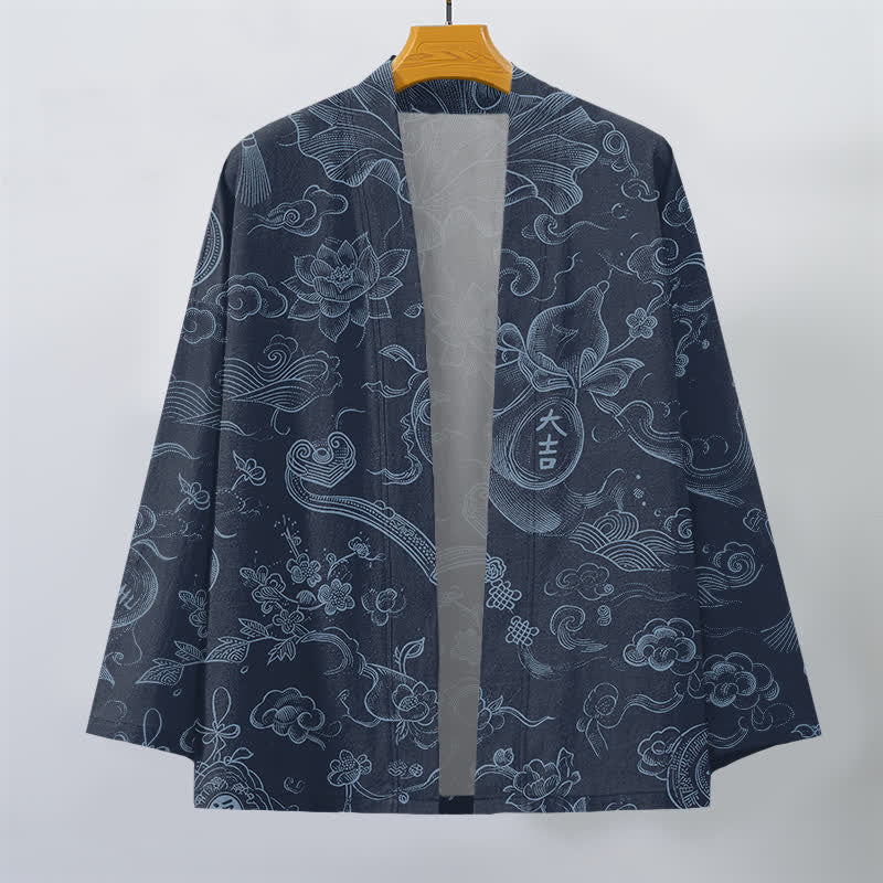 Buddha Stones Cotton Lotus Cloud Linework Pattern Open Front Men's Kimono - image 10