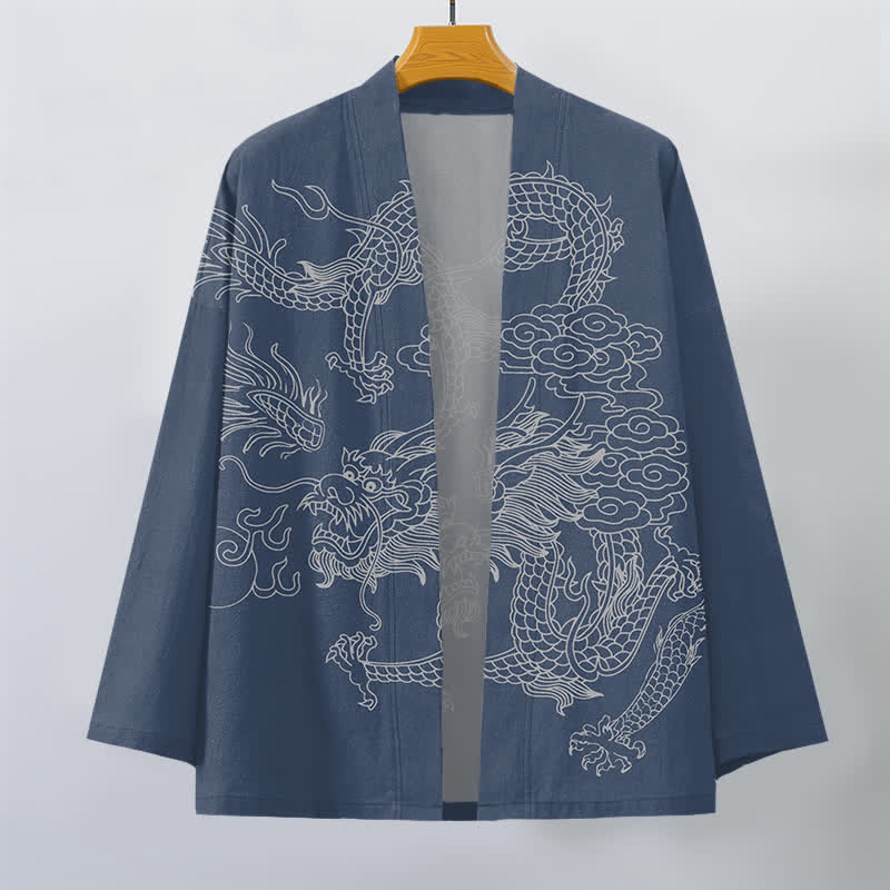 Buddha Stones Cotton White Dragon Cloud Pattern Open Front Men's Kimono - image 1