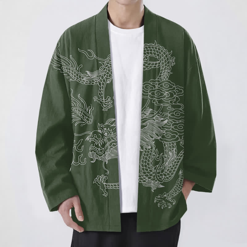 Buddha Stones Cotton White Dragon Cloud Pattern Open Front Men's Kimono - DarkGreen - US/UK/AU48，EU58 (4XL) - image 6