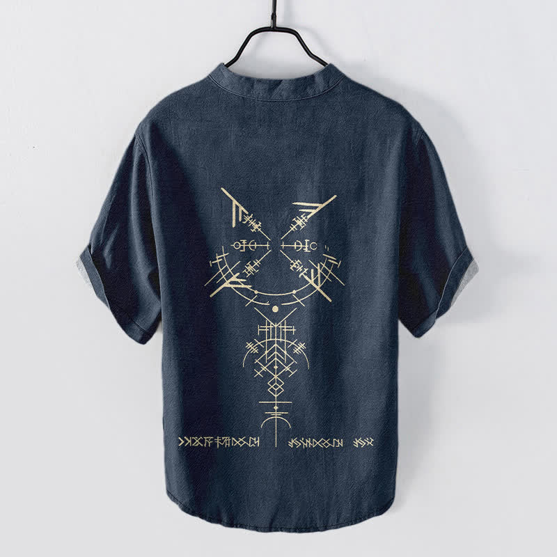 Buddha Stones Cotton Tribal Geometric Rune Pattern Men's Short Sleeve Half Button Shirt - image 1