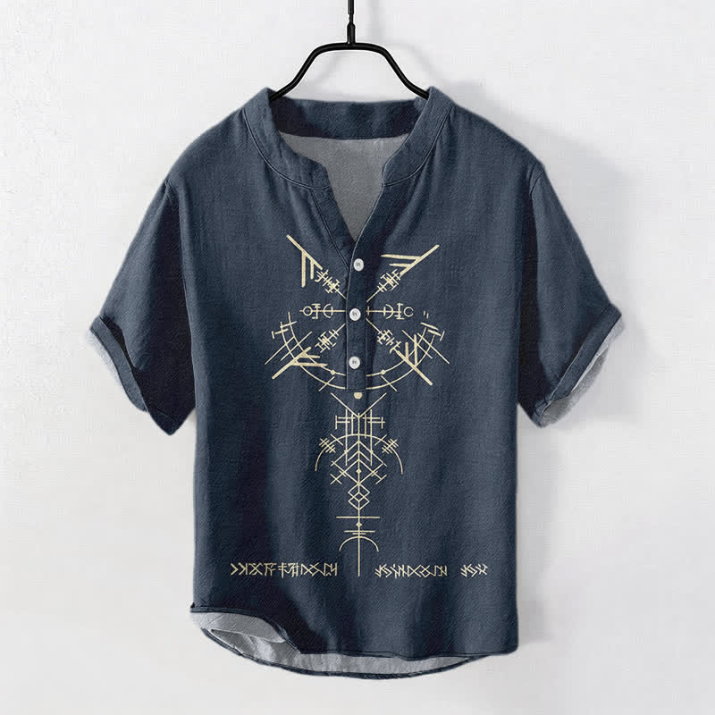 Buddha Stones Cotton Tribal Geometric Rune Pattern Men's Short Sleeve Half Button Shirt - Navy - US/UK/AU50，EU60 (5XL) - image 0