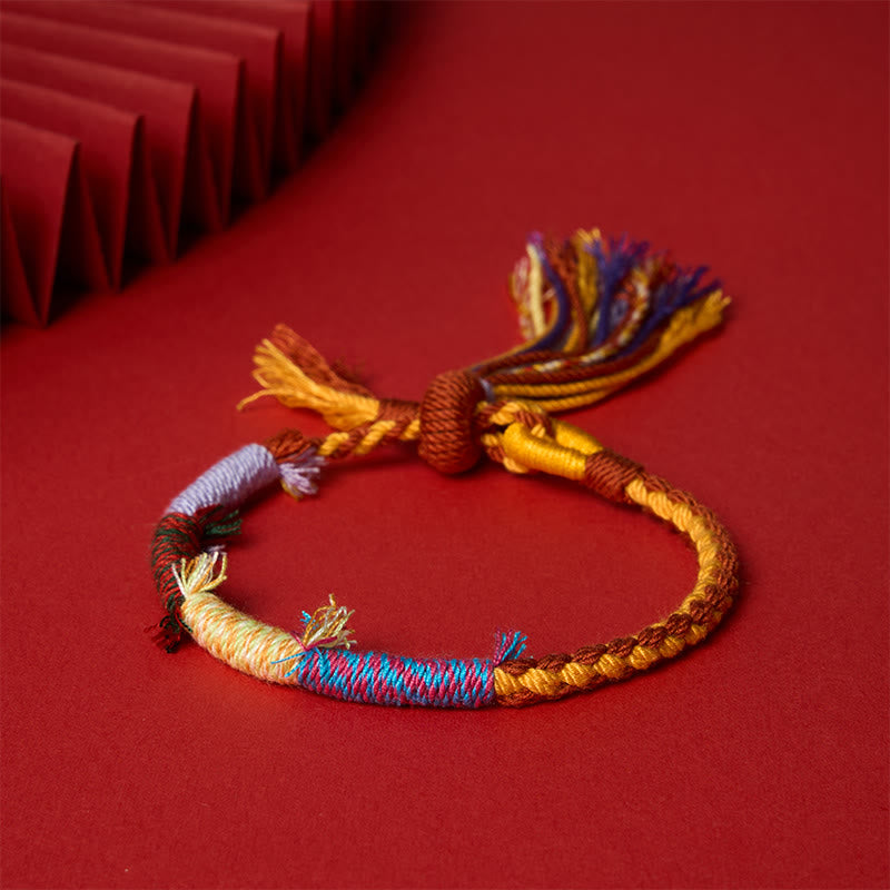 Buddha Stones Cotton Rope Retro Boho Adjustable Tassel Bracelet - Red Yellow Mix - 5.5–6.7 in (14–17 cm) - image 0