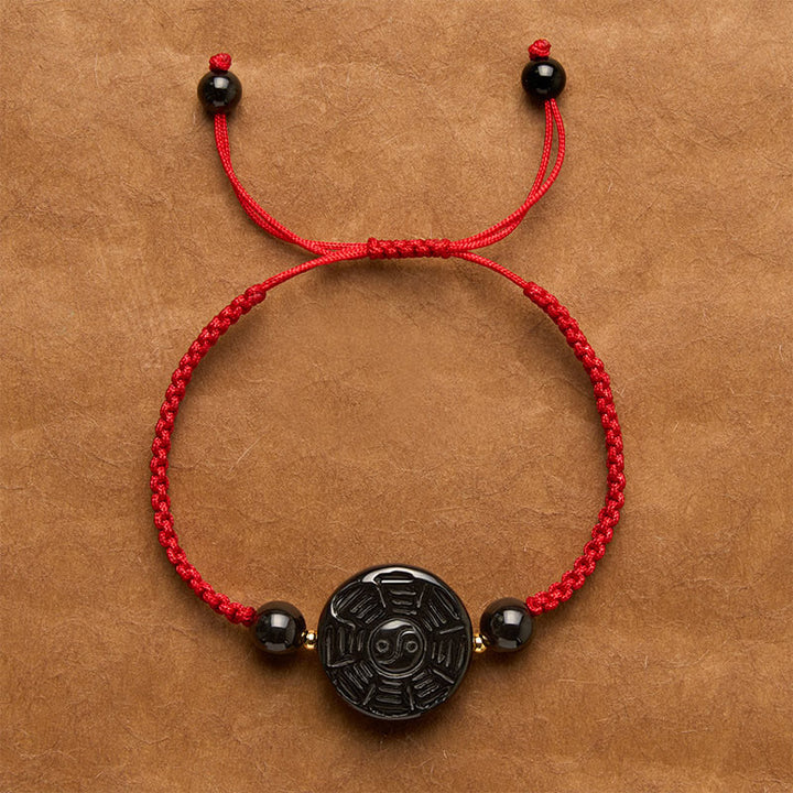 Buddha Stones Red String Black Obsidian Round Bagua Blessing Bracelet - Red String (Wrist Circumference: 5.9–6.7 in/15–17 cm) - Approx. 22 × 9mm - image 0