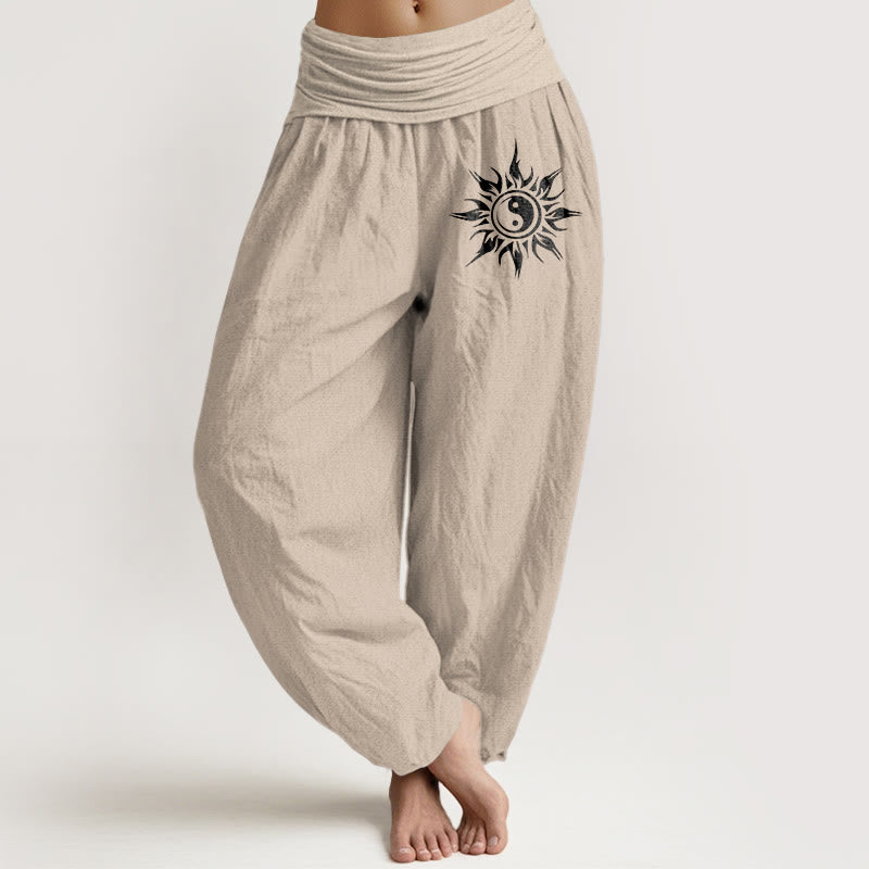 Buddha Stones Pure Cotton Yin Yang Sun Pattern Women's Elastic Waist Harem Pants - Tan - US16，UK/AU20，EU48 (3XL) - image 11