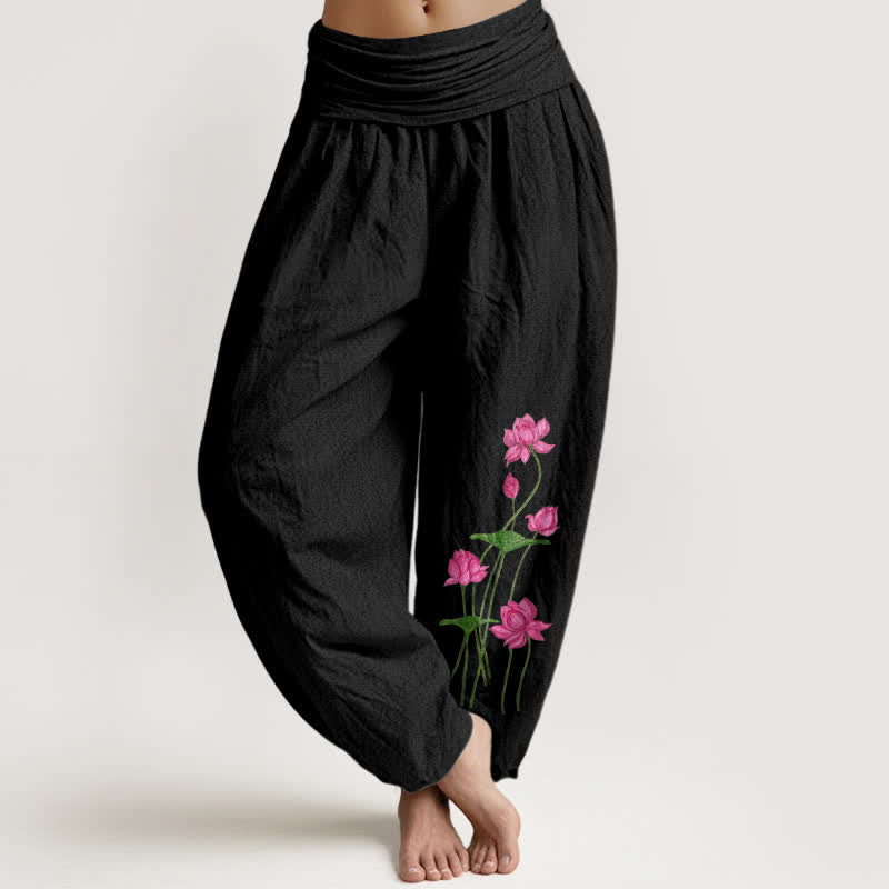 Buddha Stones Pure Cotton Pink Floral Lotus Pattern Women's Elastic Waist Harem Pants - Black - US16，UK/AU20，EU48 (3XL) - image 0