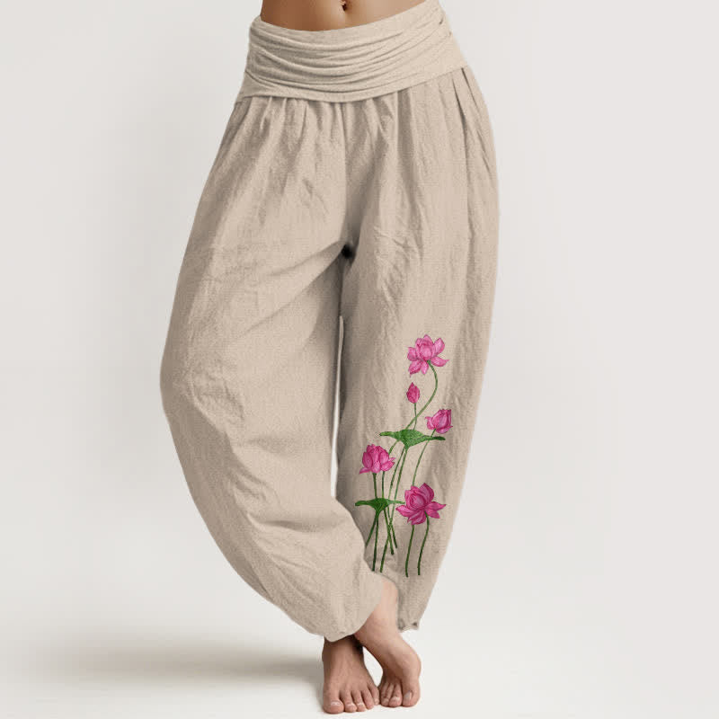 Buddha Stones Pure Cotton Pink Floral Lotus Pattern Women's Elastic Waist Harem Pants - Tan - US16，UK/AU20，EU48 (3XL) - image 11