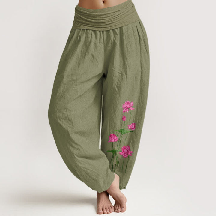 Buddha Stones Pure Cotton Pink Floral Lotus Pattern Women's Elastic Waist Harem Pants - OliveDrab - US16，UK/AU20，EU48 (3XL) - image 14