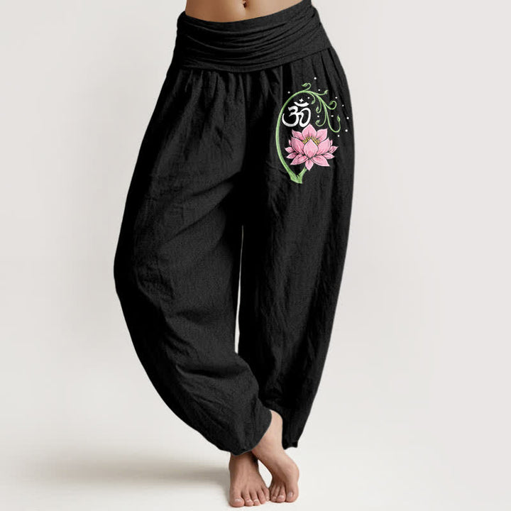Buddha Stones Pure Cotton Lotus Vine Om Pattern Women's Elastic Waist Harem Pants - Black - US16，UK/AU20，EU48 (3XL) - image 0