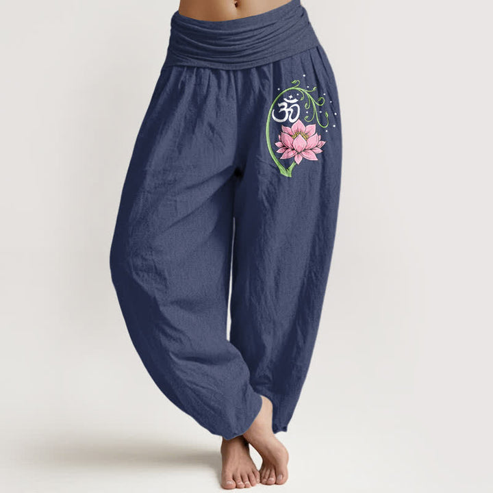 Buddha Stones Pure Cotton Lotus Vine Om Pattern Women's Elastic Waist Harem Pants - DarkSlateBlue - US16，UK/AU20，EU48 (3XL) - image 5